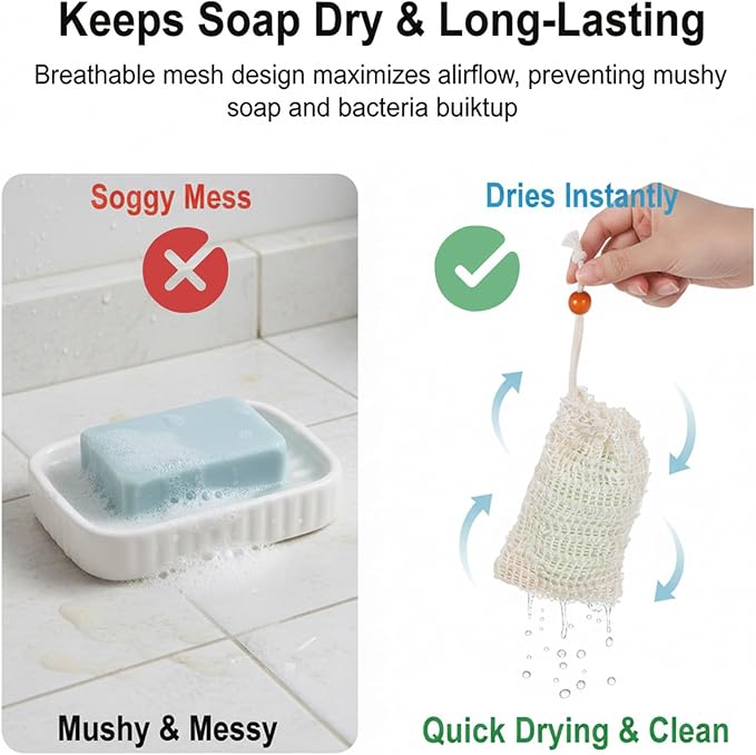 5 Pcs Soap Bar Bags Natural Sisal Bar Soap Sock Saver Net Loofah Pouch Exfoliating Foaming Mesh Quick-Drying Net for Shower