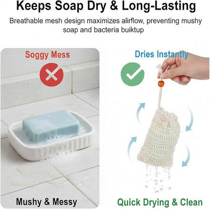 5 Pcs Soap Bar Bags Natural Sisal Bar Soap Sock Saver Net Loofah Pouch Exfoliating Foaming Mesh Quick-Drying Net for Shower