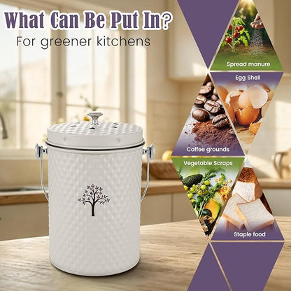 AOSION Countertop Compost Bin Kitchen,Odorless Indoor Compost Bin with Lid and 50 Compost Bags,Compost Bucket Composter Container for Food Waste,Creamy White1.0 Gallon