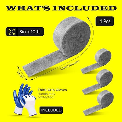 Wool Assortment for Cleaning – 0000 Grade Fine to Coarse Steel Wool Pads & Rolls, Multiple Pack Sizes and Length Options (3" x 10ft (4 Pack))