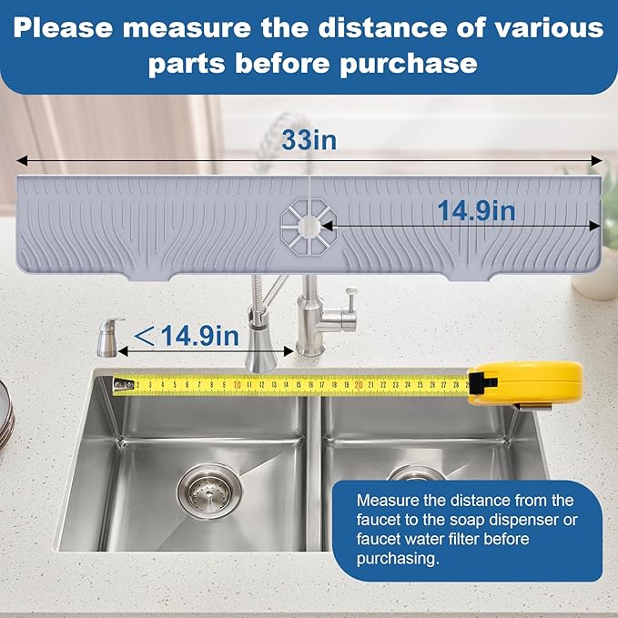 33 inch Sink Splash Guard Mat, Sink Faucet Drying Mat, Silicone Faucet Handle Drip Catcher Tray, Longer Silicone Sink Mat for KitchenBathroom, Drip Protector Splash Countertop (Grey)