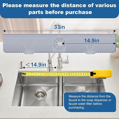 33 inch Sink Splash Guard Mat, Sink Faucet Drying Mat, Silicone Faucet Handle Drip Catcher Tray, Longer Silicone Sink Mat for KitchenBathroom, Drip Protector Splash Countertop (Grey)