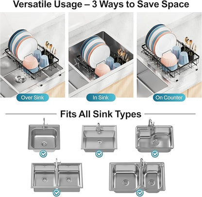 iSPECLE Expandable Dish Drying Rack for Kitchen Sink - Rust Resistant Adjustable Over the Sink Dish Drainer with Non Slip Rubber, 12.7" W x 12.8"-25.2" L, Black