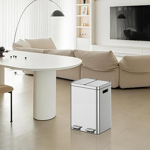 2 x 5.3 Gallon Kitchen Trash Can, Dual Compartment Garbage Can, Stainless Steel Rubbish Bin with Soft-Close Lid and Removable Inner Wastebasket for Kitchen, Home Office