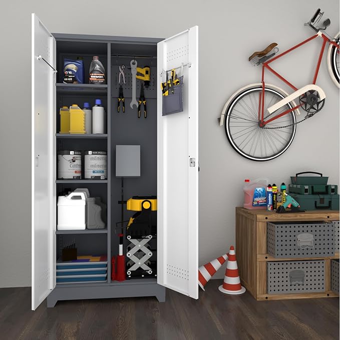 Storage Cabinets,Metal Lockable Storage Cabinet with Locking Doors,Tall Utility Cabinets for Garage,Laundry,Office,Grey&White