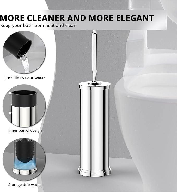 Premium 304 Stainless Steel Toilet Brush and Holder: Weighted Stable Base, Removable Inner Tube, Splash-Proof Design for 360° Thorough Cleaning & Space-Saving Storage,Chrome