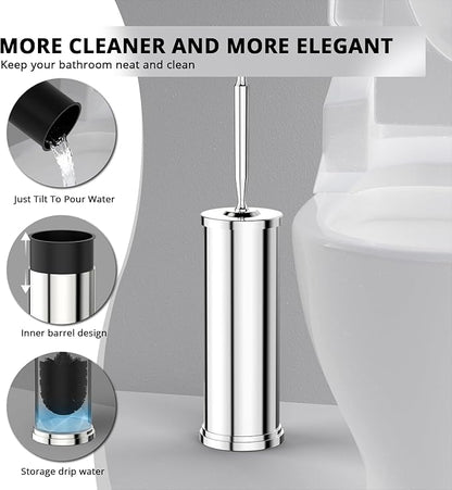 Premium 304 Stainless Steel Toilet Brush and Holder: Weighted Stable Base, Removable Inner Tube, Splash-Proof Design for 360° Thorough Cleaning & Space-Saving Storage,Chrome