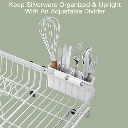 MAJALiS White Dish Drying Rack Over The Sink, Expandable Stainless Steel Dish Drainer for Small Kitchen Counter Space Saving, RV Compact Plate Strainer in Metal with Hanging Adjustable Utensil Holder