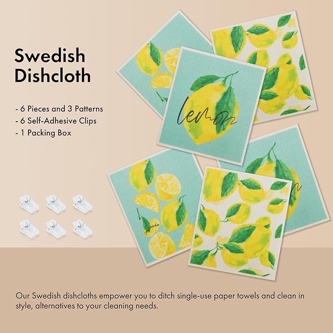 Swedish Dishcloths for Kitchen, 6 Pack Lemon Swedish Dish Towels with Clips, Reusable Paper Towels Washable Non-Scratch Super Absorbent Cellulose Sponge Cloths, Biodegradable No Odor