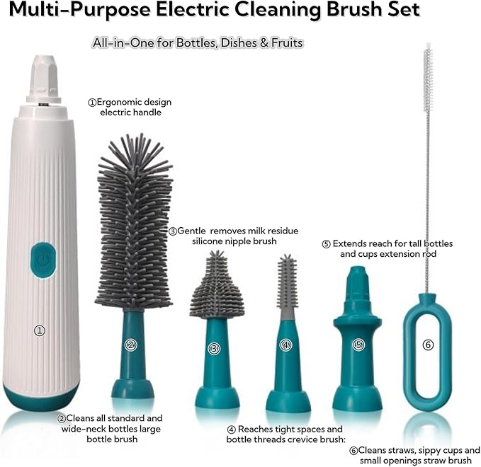 Electric Bottle Brush Set, 6-in-1 Electric Cleaning Brush with Waterproof Silicone Cleaner, 3 Replaceable Brush Heads, Straw Brush & Extension Rod, for Baby Feeding Supplies and Kitchen Utensils