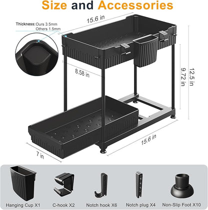 Sevenblue 2 Packs Under Sink Organizer, Height Adjustable 2 Tier Under Kitchen Sink Organizer, Multi-Purpose Storage Shelf for Kitchen Bathroom Cabinet (Black, L)
