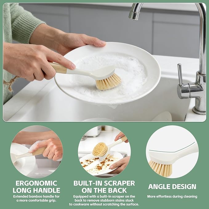 4 PCS Kitchen Dish Scrub Brush Set - Dish Scrubber Brush with Long Handle Build-in Scraper for Stubborn Stains, Kitchen Scrub Bushes with Durable Bristle for Pots, Pans