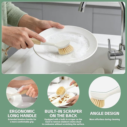 4 PCS Kitchen Dish Scrub Brush Set - Dish Scrubber Brush with Long Handle Build-in Scraper for Stubborn Stains, Kitchen Scrub Bushes with Durable Bristle for Pots, Pans
