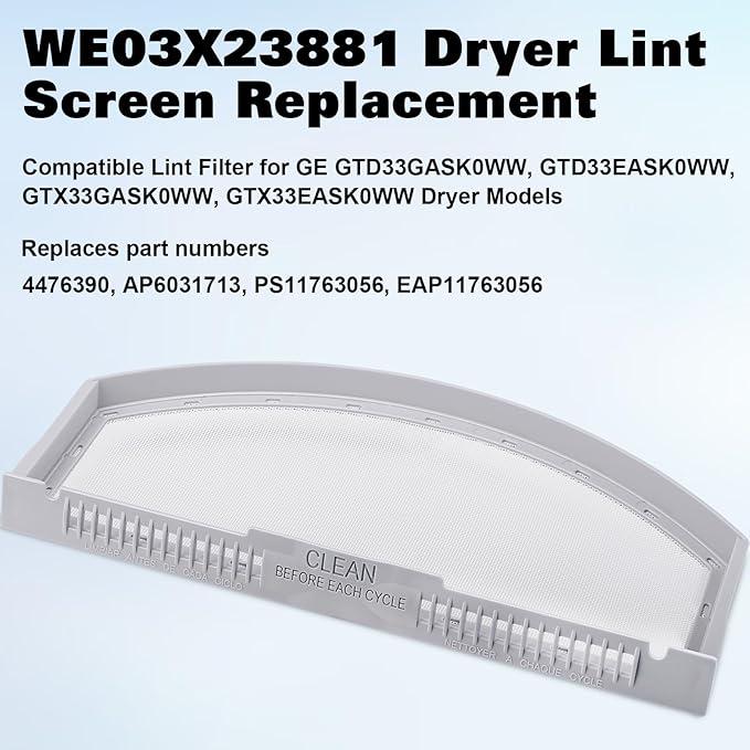 WE03X23881 Dryer Lint Screen Filter Replacement for GE Hotpoint, Fit for GTD42EASJ2WW GTD65EBSJ3WS GTD33EASK0WW GTD42GASJ2WW GTD45EASJ2WS PS11763056, Upgraded Stainless Steel with Cleaner Brush
