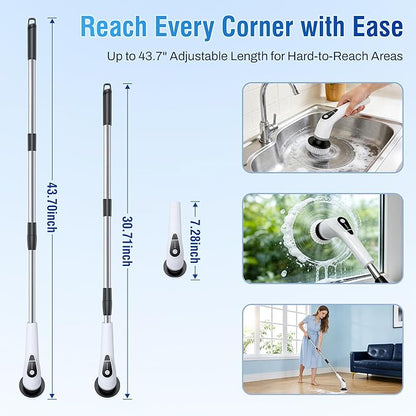 Electric Spin Scrubber, Cordless Cleaning Brush with 8 Replaceable Heads, Five-Speed Power Scrubber with Adjustable Handle for Bathroom, Tub, Floor, Tile & Car – Clean Without Bending