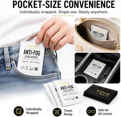 Anti Fog Wipes for Glasses, 200 Count Individually Wrapped Lens Cleaning Wipes, Pre-Moistened Eyeglass Cleaner for Sunglasses, Goggles, Phone & Screens + Microfiber Cloth, TOVO PRIME