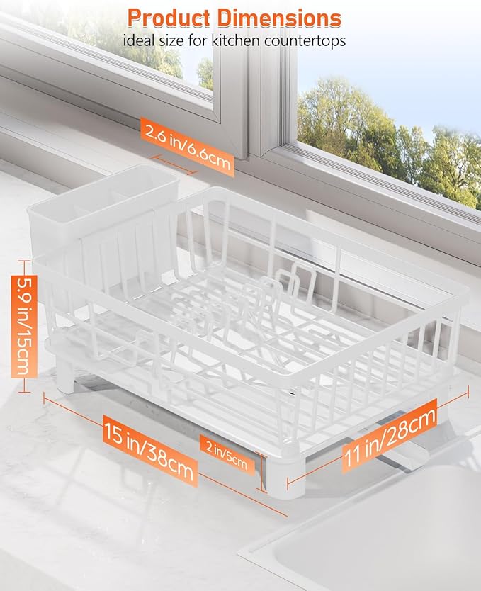 Dish Drying Rack for Kitchen Counter, Multifunctional Dish Rack with 360° Adjustable Spout, Kitchen Organizers and Storage with Cutlery Holder, White