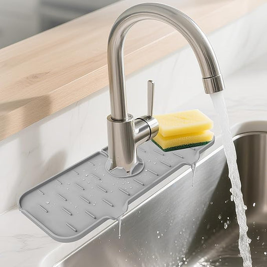 Kitchen Faucet Sink Splash Guard, Silicone Faucet Water Catcher Mat – Sink Draining Pad Behind Faucet, Grey Rubber Drying Mat for Kitchen