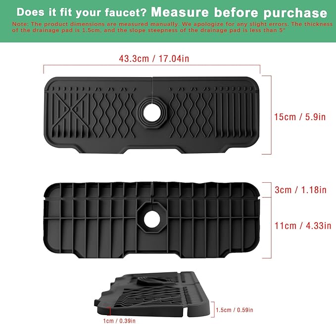 17 Inch Faucet Mat For Kitchen Sink Splash Guard Behind Faucet, ，5°Slope Fast Draining Silicone Mat , Dish Soap Sponge Holder for Bathroom Sink kitchen sink organizer (black, 17" x 6")