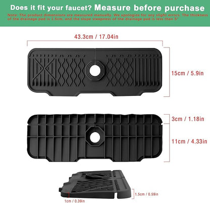 17 Inch Faucet Mat For Kitchen Sink Splash Guard Behind Faucet, ，5°Slope Fast Draining Silicone Mat , Dish Soap Sponge Holder for Bathroom Sink kitchen sink organizer (black, 17" x 6")