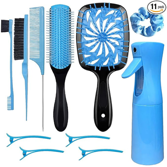 11 Pcs Hair Brush Set, Detangle Hair Brush And Spray Bottle, 3 Pieces Smooth Hairbrush For Toddlers, Suitable For Wet and Dry Hairstyles, Suitable For Adults And Children.(Blue)
