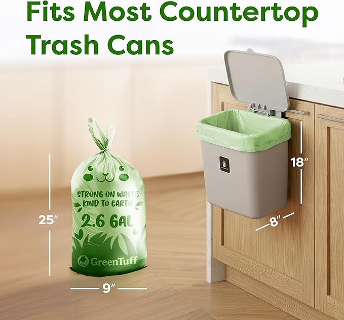 2.6 Gallon Compostable Trash Bags (100 Count) — Thick 0.7 Mil Small Compost Bin Liners — Leak-Resistant Plant-Based Food Scrap Bags for Countertop Kitchen Compost Pails — ASTM D6400 BPI Certified