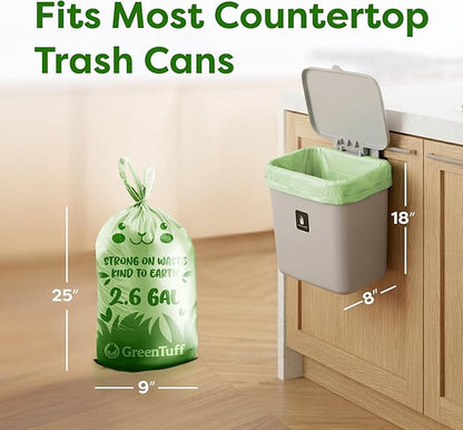 2.6 Gallon Compostable Trash Bags (100 Count) — Thick 0.7 Mil Small Compost Bin Liners — Leak-Resistant Plant-Based Food Scrap Bags for Countertop Kitchen Compost Pails — ASTM D6400 BPI Certified