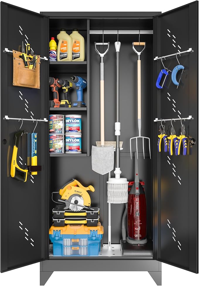 Broom Closet Storage Cabinet, Black Metal Cabinet with Lockable Doors, 75" Tall Garage Storage Cabinets, Outdoor Cleaning Broom Closet Organizer, Steel Tool Cabinet, Kitchen Pantry Cabinets