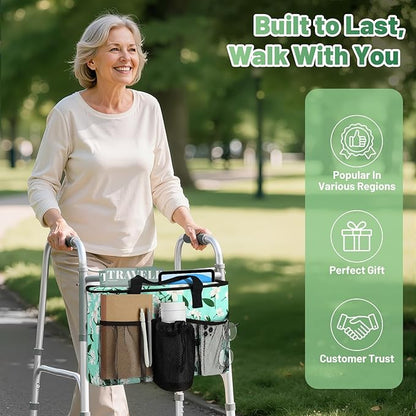 Rhino Valley Walker Bag, Large Capacity Walker Accessories Storage Bag with Multi Pockets & Cup Holder, Walker Basket with 4 pockets for Universal Walkers for Seniors, Green Lily
