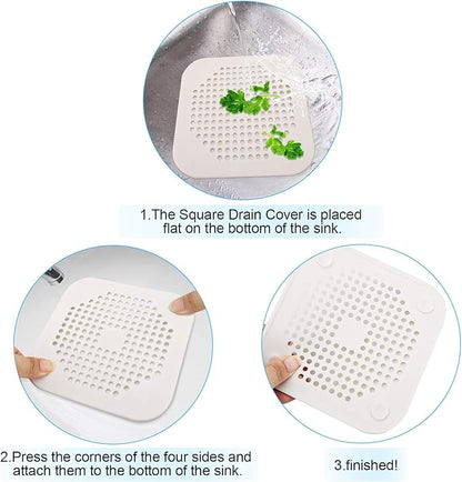 Square Drain Cover for Shower 5.7-inch TPR Drain Hair Catcher Flat Silicone Plug for Bathroom and Kitchen Grey/White Filter Shower Drain Protection Flat Strainer Stopper with Suction Cups (Grey+White)
