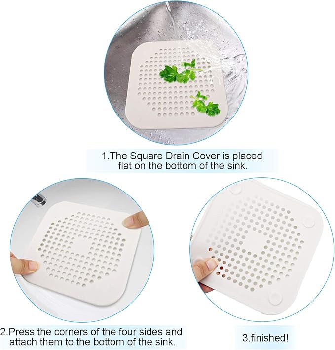 Square Drain Cover for Shower 5.7-inch TPR Drain Hair Catcher Flat Silicone Plug for Bathroom and Kitchen Filter Shower Drain Protection Flat Strainer Stopper with Suction Cups 2 Pack (Grey)