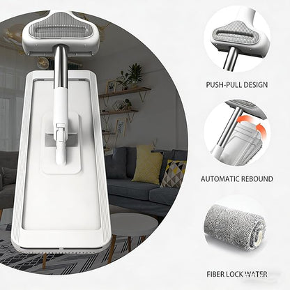 Hands-Free Self Wringing Flat Mop - Microfiber Floor Cleaning Tool with Washable Pads, Scrub Brush, Squeegee (1 Mop+6 Pads+1 Brush+1 Glass Wiper)