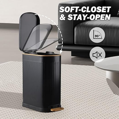 SYNCVIBE Slim Bathroom Trash Can with Lid Stainless Steel Garbage Can Soft Close Step Trash Bin with Removable Inner Bucket for Bedroom, Office, Kitchen (Matt Black, 3.5 Gallons)