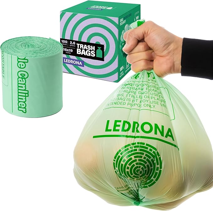100 Compostable Trash Bags - 2.6 Gallon Garbage Bags for Kitchen Bin - Unscented, Leak Proof, Extra Strong - Disposable Food Waste Basket Liners - Certified by BPI & OK compost HOME by TÜV AUSTRIA