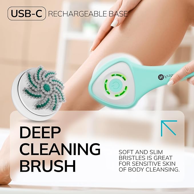 FIRSTHEALTH 6-in-1 Electric Exfoliating Body Scrubber for Women & Men, USB-C Rechargeable IPX7 Waterproof Shower Brush, Detachable Long Handle Back Scrubber & Foot Brush, 3 Modes
