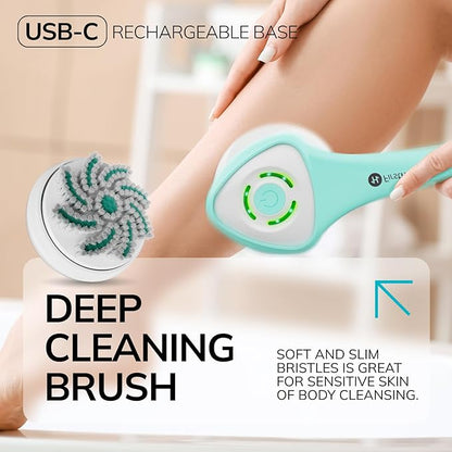 FIRSTHEALTH 6-in-1 Electric Exfoliating Body Scrubber for Women & Men, USB-C Rechargeable IPX7 Waterproof Shower Brush, Detachable Long Handle Back Scrubber & Foot Brush, 3 Modes