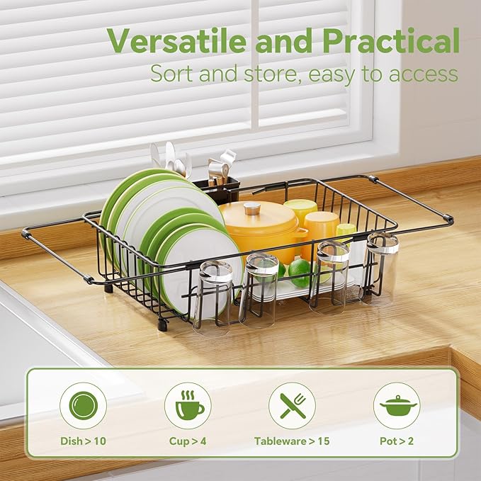 Simple Trending Expandable Dish Drying Rack in Sink, Adjustable Dish Drainers for Kitchen Counter, Inside Sink, Over the Sink with Utensil Holder, Black