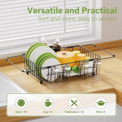 Simple Trending Expandable Dish Drying Rack in Sink, Adjustable Dish Drainers for Kitchen Counter, Inside Sink, Over the Sink with Utensil Holder, Black