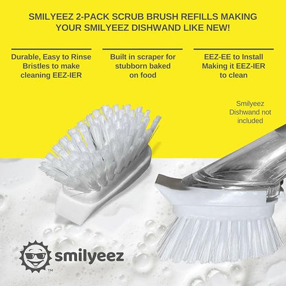Smilyeez Dish Brush Refill (2 Pack) for Smilyeez Dishwand - Dish Brush Replacement Head - Durable Nylon Bristles - White Plastic - Kitchen & Bathroom Cleaning
