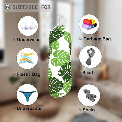 Green Wall Mount Plastic Bag Organizer - Washable Large Grocery Bag Storage Dispenser for Home Kitchen Travelling, Free Adjustment with Drawstring, 22x9