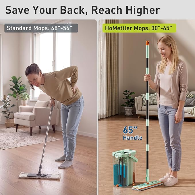 HoMettler 3-Tank Transparent Mop and Bucket Set with Separate Dirty & Clean Water, 65" Flat Mop for Floor Cleaning, 4 Machine Washable Microfiber Pads for Wood Tile - Green