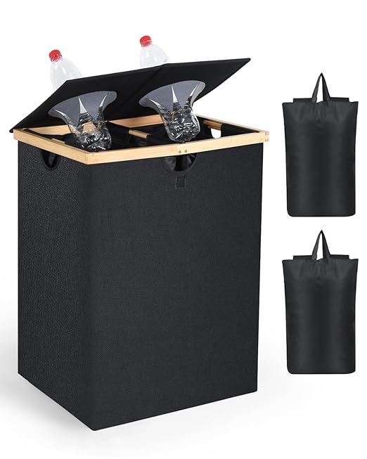 OTraki 140L Recycling Bin for Kitchen, 2 Compartments Large Home Recycle Bin with Lid with 2 Removeable and Reusable Inner Bag for Bottle Can Glass Waste Plastice, Black