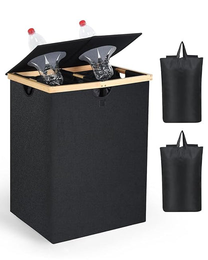 OTraki 140L Recycling Bin for Kitchen, 2 Compartments Large Home Recycle Bin with Lid with 2 Removeable and Reusable Inner Bag for Bottle Can Glass Waste Plastice, Black