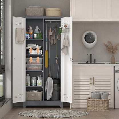 73" H Garage Storage Cabinet,Broom Closet Storage Cabinet with Adjust Shelves,Utility Cabinet,Utility Closet for Garage,Office,Gray-White