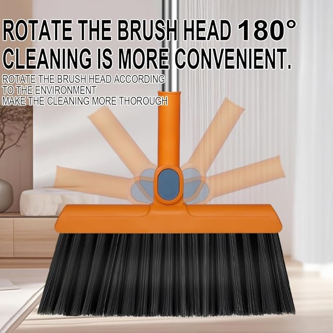 2-in-1 Broom with Dustpan Combo Set,Long Handle Broom Dustpan Combo with Dustpan Teeth to Automatically Clean Hair for Home, Indoor or Outdoor Cleaning Hall Floor (Orange)