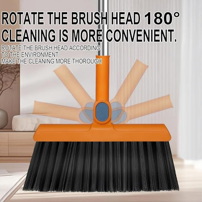 2-in-1 Broom with Dustpan Combo Set,Long Handle Broom Dustpan Combo with Dustpan Teeth to Automatically Clean Hair for Home, Indoor or Outdoor Cleaning Hall Floor (Orange)