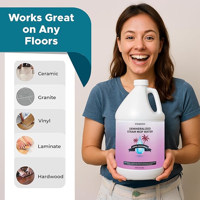 Steam & Go Demineralized Water - Multi-Surface Cleaner for Steam Cleaners, Hardwood Floors, Kitchens, & Bathrooms - Germ-Killing Formula - Hotel California Scent - 1 Gallon