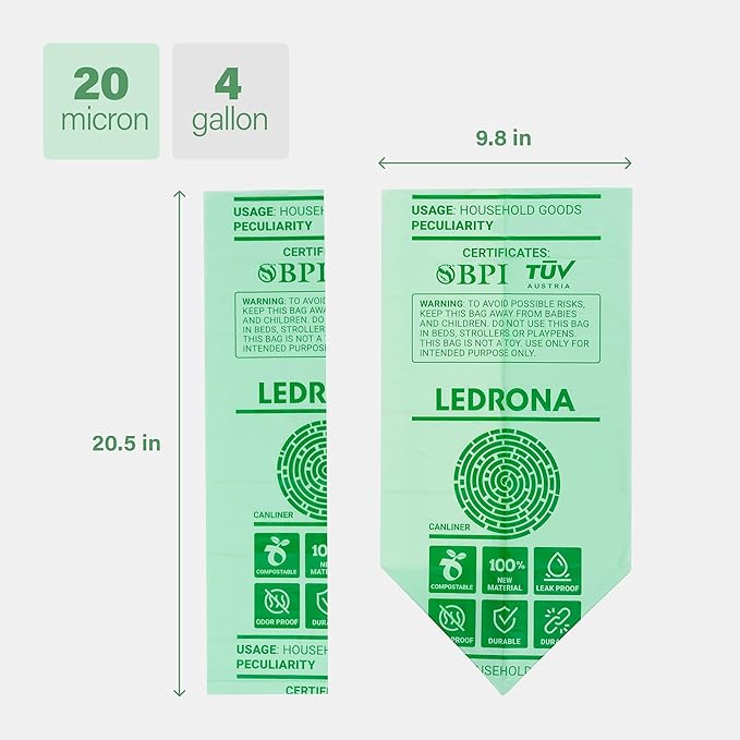 200 Compostable Trash Bags - 4 Gallon Garbage Bags for Kitchen Bin - Unscented, Leak Proof, Extra Strong - Disposable Food Waste Basket Liners - Certified by BPI & OK compost HOME by TÜV AUSTRIA