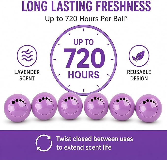 Knixmax Shoe Deodorizer Balls, Odor Eater Ball for Sneakers Boots Mules, Air Fresheners for Gym Gear Bags Lockers, Lavender scent, Pack of 6, Purple