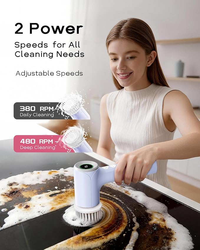 PUFTEM Electric Spin Scrubber for Bathroom Cleaning, Cordless Shower Scrubber with 6 Brush Heads, Dual-Direction Rotation, Handheld Cleaning Brush for Grout, Tile, Tub, Sink & Corners, Purple
